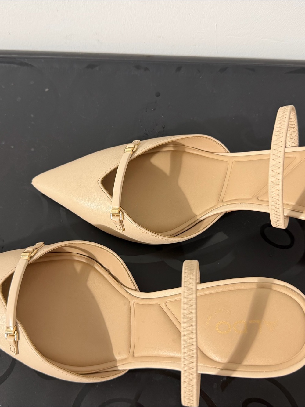 Aldo Beige Pointed Mary Jane Heels with Gold Buckle